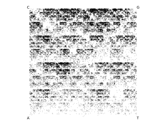 Chaos game plot for phage Tiamoceli. The
prominent feature is a depletion of points in an X-like pattern, on
the diagonal between A in the lower left to G in the upper right,
and the diagonal between C in the upper left and T in the lower right.