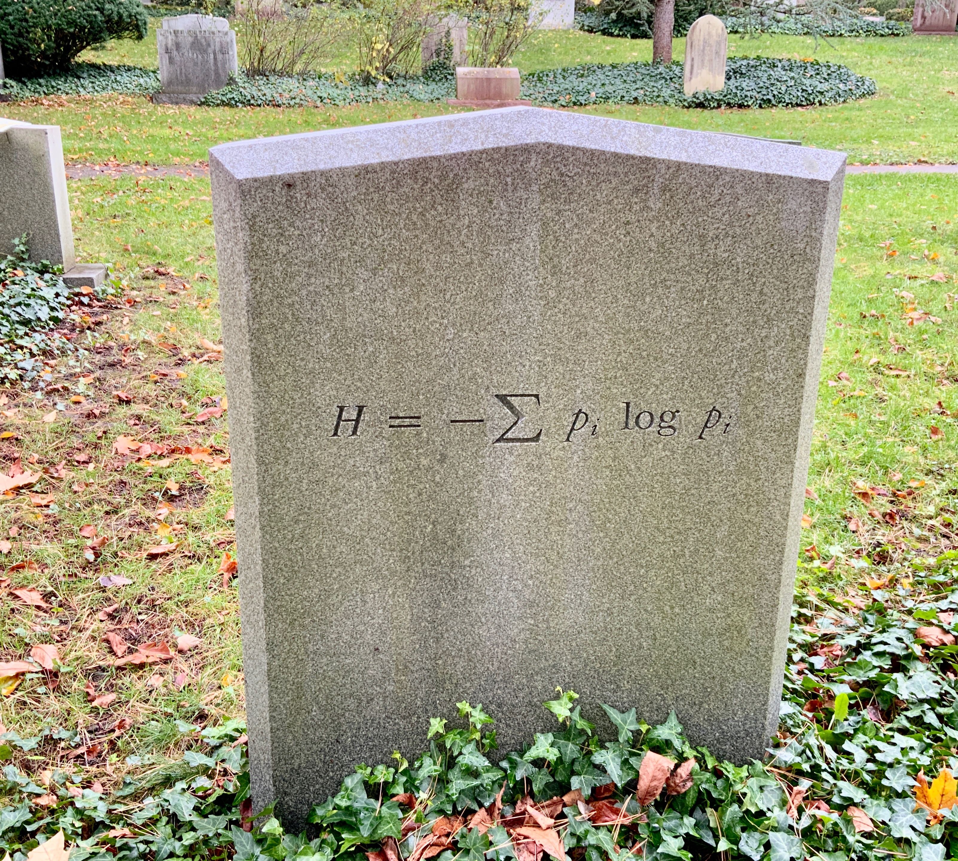 picture of Claude Shannon's gravestone,
which has the Shannon entropy equation on it